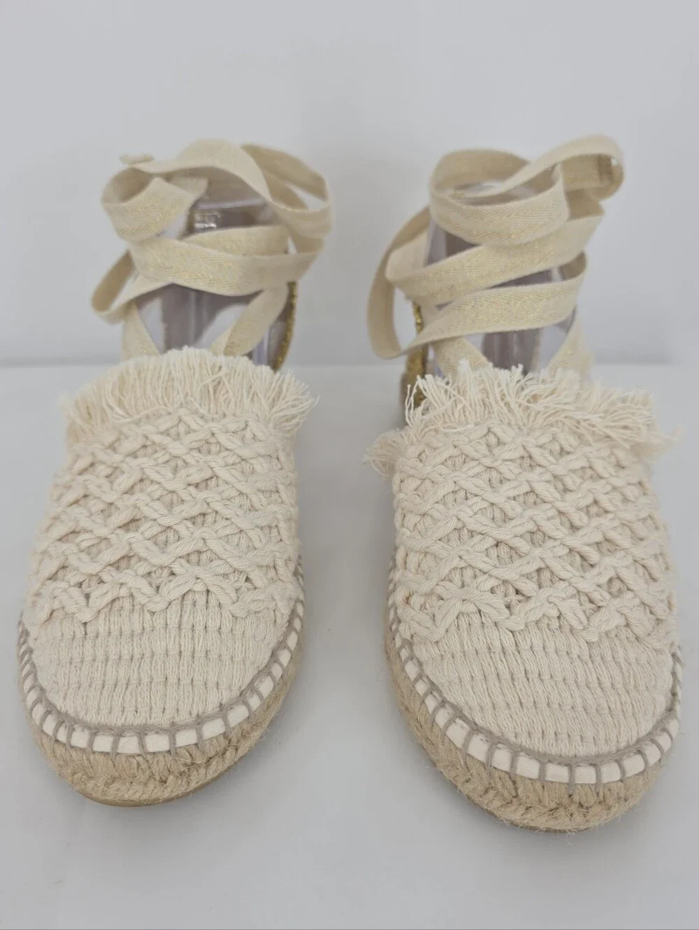 Free People Vida Espadrilles Womens 8 Ivory Gold Crochet Lace Up Boho Flats